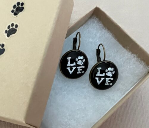 Paw Love Earrings, Bronze Bezel Setting With Lever Back Closure