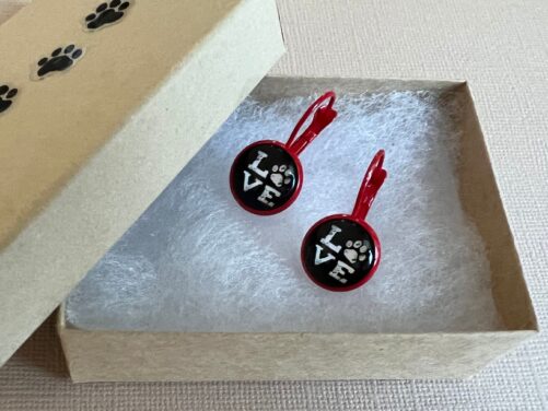 Paw Love Earrings, Red Enamel Bezel Setting With Lever Back Closure