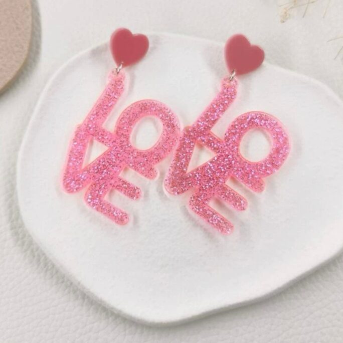 Pink Glitter Love Earrings - Handmade Earrings, Happy Valentine's Day, Valentine Gift, Accessories, Just Because
