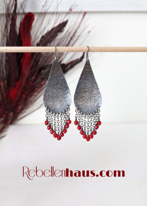 Red Hot Love Earrings - Oxidized Hammered Sterling Silver Large Pear & Chain Fringe with Coral Beads