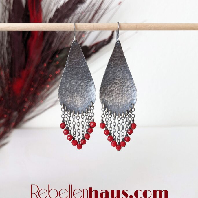 Red Hot Love Earrings - Oxidized Hammered Sterling Silver Large Pear & Chain Fringe with Coral Beads