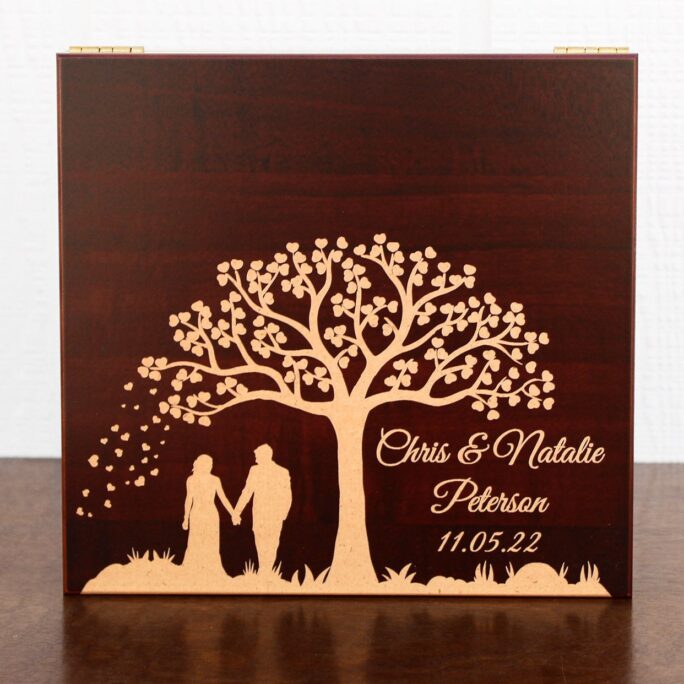 Wood Memory Box, Classy Wooden Keepsake Personalized Engraved Gift Wedding Chest, Jewelry Or Photo Couple's Custom Box