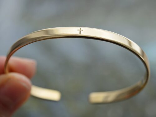 22K Gold Plated Engraved Bracelet, Bangle, Cuff, Wwjd Bracelet With Crucifix, Catholic, Symbol Of Faith, Hope, Love, God