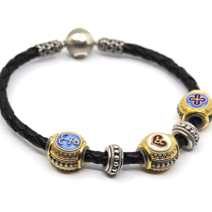 Bracelet Akimov, Natural Black Leather, Jewelry Enamel Beads Silver 925 + Gold Gild 24K. Size 19cm | 7.5"