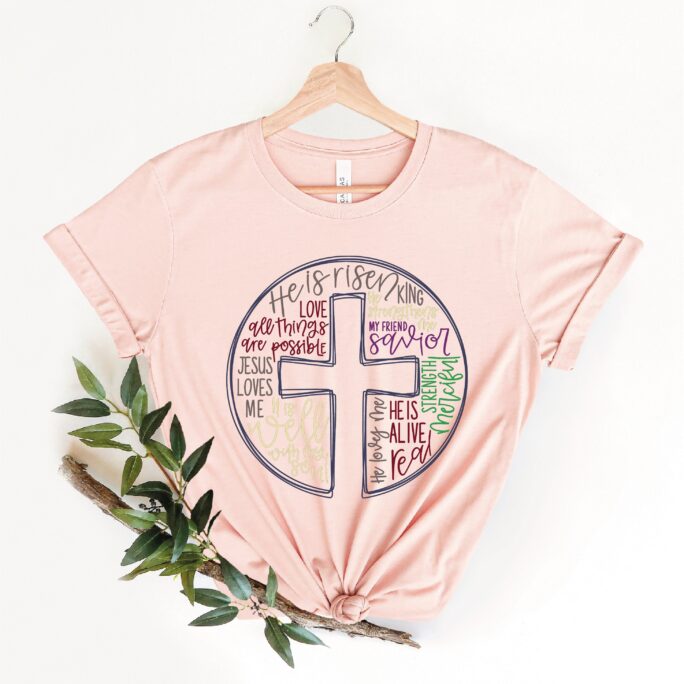 Cross Circle T-Shirt, Jesus Is Love Shirt, Word Heart Outfit, Religious Gift Tee, Christian Wear, Faith He Risen