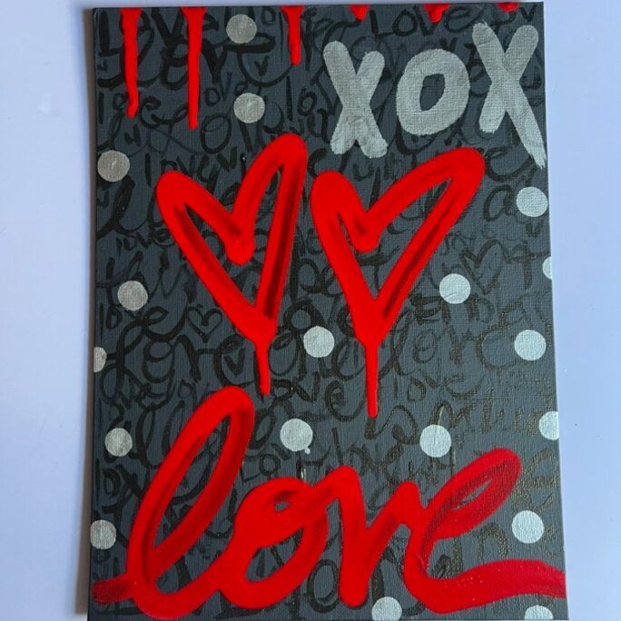 Modern Abstract Hearts, Love Lettered Acrylic Painting On Canvas Board 12x9 Metallic Art, Matte Black, Red Hand Painted Art