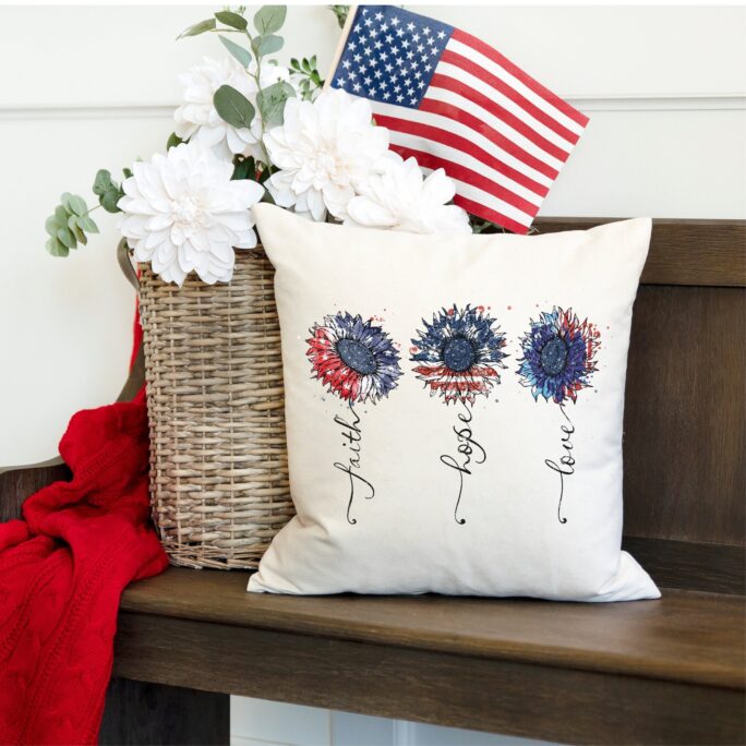 Patriotic Pillow, Americana Sunflower Pillow Cover, Memorial Day, Fourth Of July, Faith Hope Love
