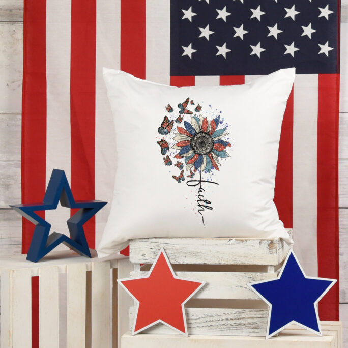 Patriotic Pillow, Americana Sunflower Pillow Cover, Memorial Day, Fourth Of July, Faith Hope Love, Butterflies