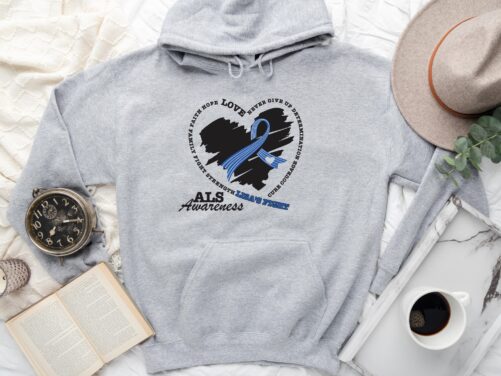 Personalized Als Hoodie, Awareness Blue Ribbon Sweatshirt, Warrior Never Give Up Determination Hoodie