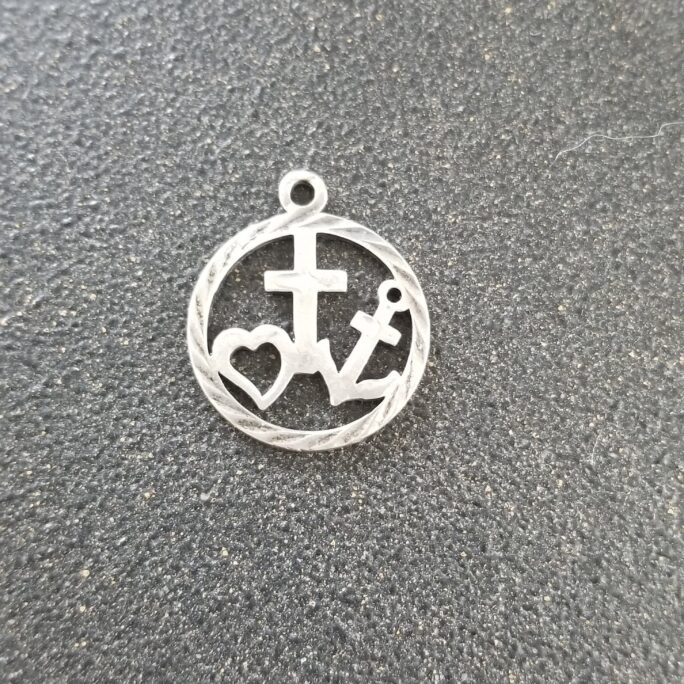 Vintage 835 Silver Faith, Hope, & Love Charm, European Open Cut Circle Charm With Anchor, Cross Heart in The Center, Hallmarked
