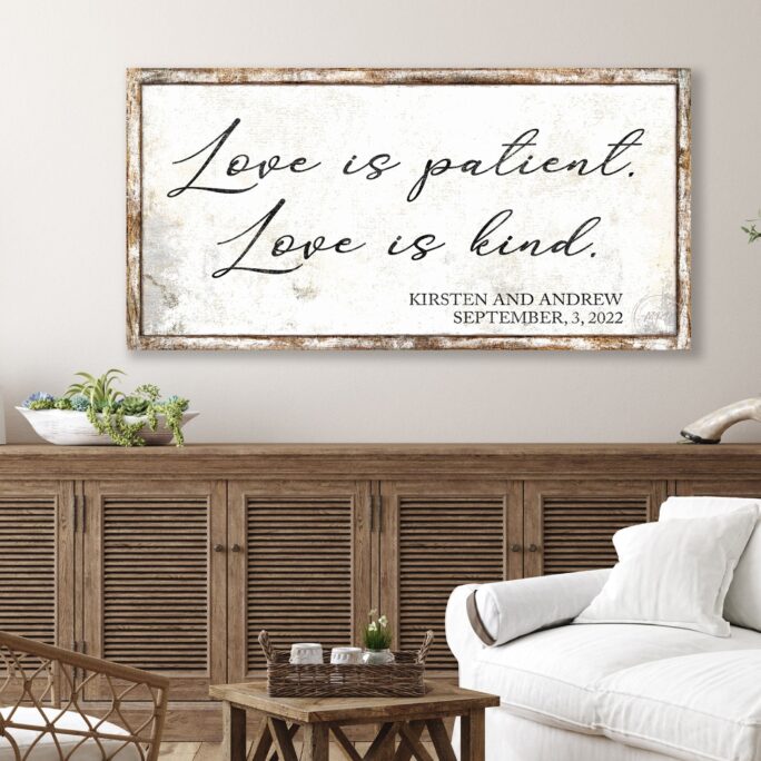 Wedding Gift For Couple Love Is Patient Personalized Anniversary Modern Farmhouse Signs Rustic Home Wall Decor Bedroom Large Art