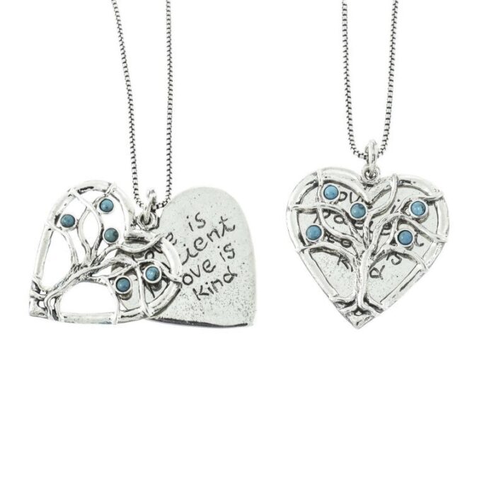 sterling Silver Necklace For Woman. Heart With The Tree Of Life Set Turquoises Engraved Love Is Patient Love Kind