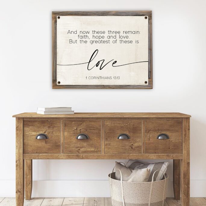 Rustic Bible Art-The Greatest Of These Is Love Metal Print On Reclaimed Wood Frame-1 Corinthians 1313 Sign-Vintage Scripture