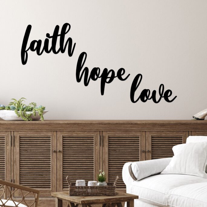 Set Of 3 Faith Hope Love Metal Words Or Sign/Wall Art 3-Piece Hanging For Your Entry, Bedroom, Kitchen, Dining