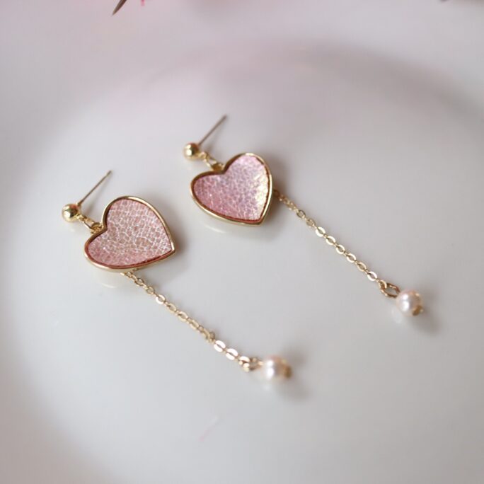 Shiny Pink Leather Heart Earrings, Pearl With Gold Chain Dangle Sweet Clip On Love Earrings
