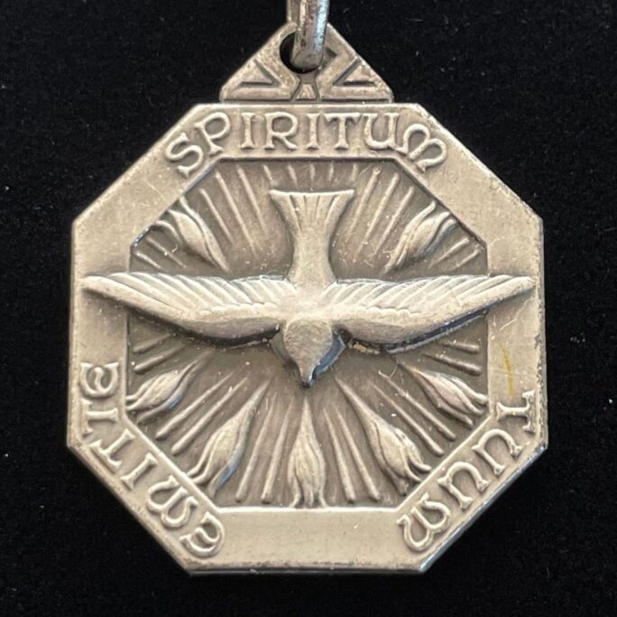 Antique French Holy Spirit Dove Of Peace Saint Esprit Medal With Modern 20 Inch Sterling Silver Chain Necklace