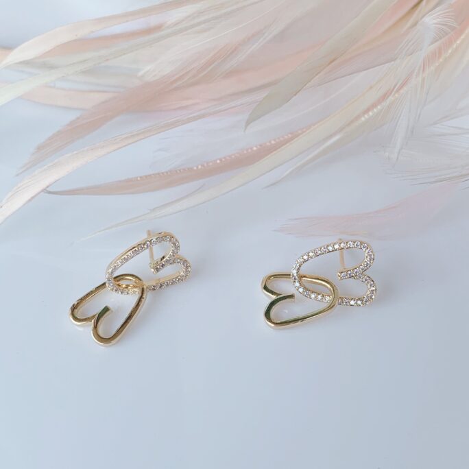 Double Heart Earrings, Interlocking 925 Silver Connected Hearts Love Earrings