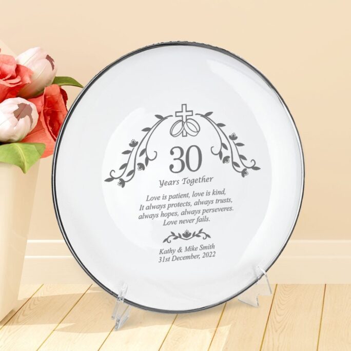 Holy Union Personalized 30Th Wedding Anniversary Gift, Porcelain Plate With Silver Rim, Best Gift For Couples & Parents