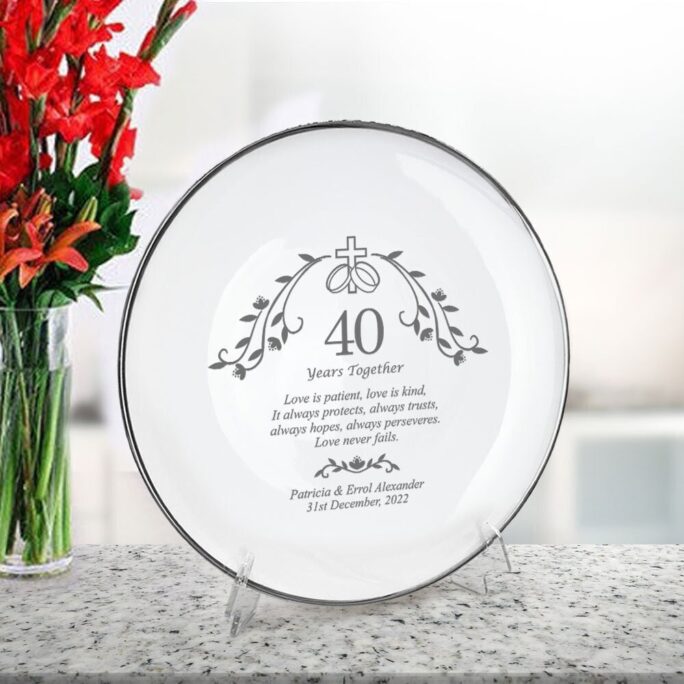 Holy Union Personalized 40Th Wedding Anniversary Gift, Porcelain Plate With Silver Rim, Best Gift For Couples & Parents