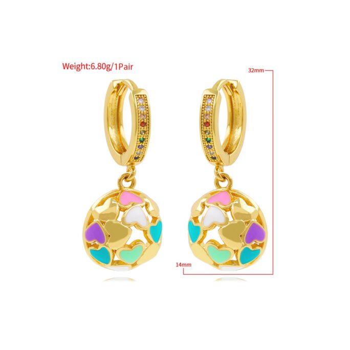 Rainbow Love Earrings, Rainbow Heart Shape Earrings, Enamel Earring, 18K Gold Filled Cz Earring, Gold Enamel Earring 14x32mm