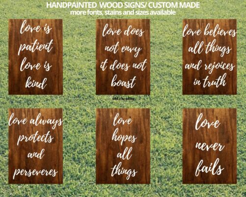 Set Of 6 Wedding Aisle Signs, 1 Corinthians 13 Love Is Patient, Kind, Hand Painted Wood Signage, Signs