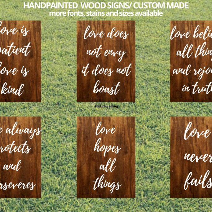 Set Of 6 Wedding Aisle Signs, 1 Corinthians 13 Love Is Patient, Kind, Hand Painted Wood Signage, Signs