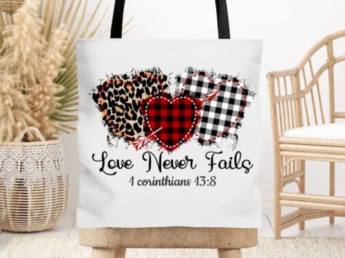 Love Never Fails Tote Bag, Hearts Christian Religious Inspirational Motivational Bag