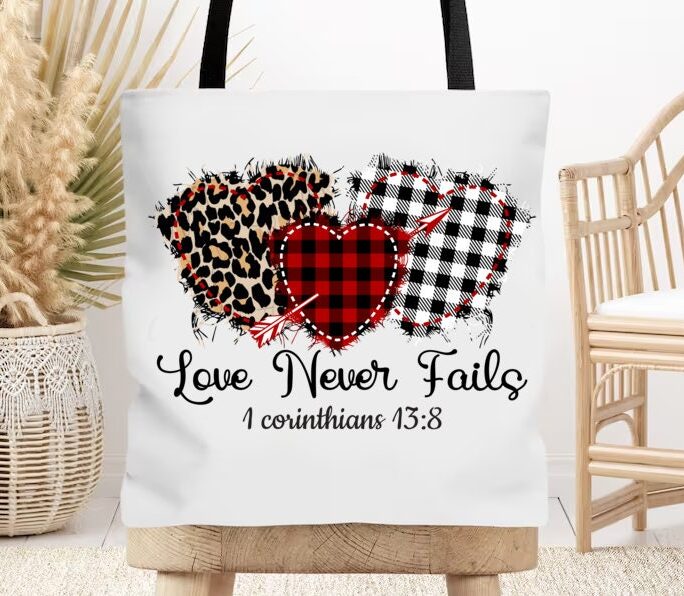 Love Never Fails Tote Bag, Hearts Christian Religious Inspirational Motivational Bag