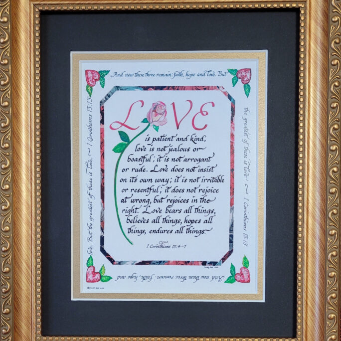 Love Is Patient. Kind Scripture Calligraphy Framed Verse