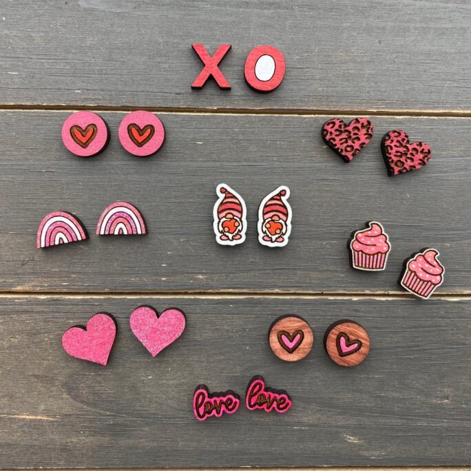 Valentine's Day Stud Earrings, Small Heart Love Earring, Wood Valentines Studs, Studs
