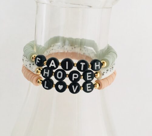 Faith, Hope, Love Bracelet Stack, Set Of 3 Vinyl Heishi Bracelets, Custom Word Valentine Gift, Inspirational Bracelets