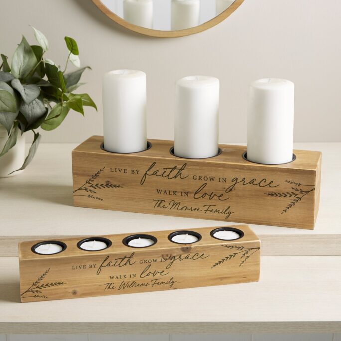 Live By Faith Personalized Wood Candle Holder, Table Centerpiece, Wedding Tea Light Holders, Gifts For Her