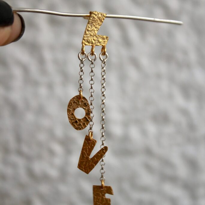 Love Earrings, Letter Statement Dangling Chain Handmade Silver Gold & Silver