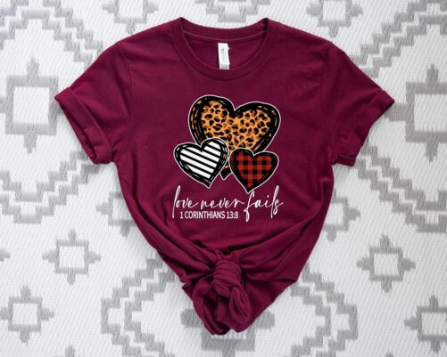 Love Never Fails Shirt, Women Religious Tshirt, Valentines Day Leopard Heart Christian Gift Tee Shirt