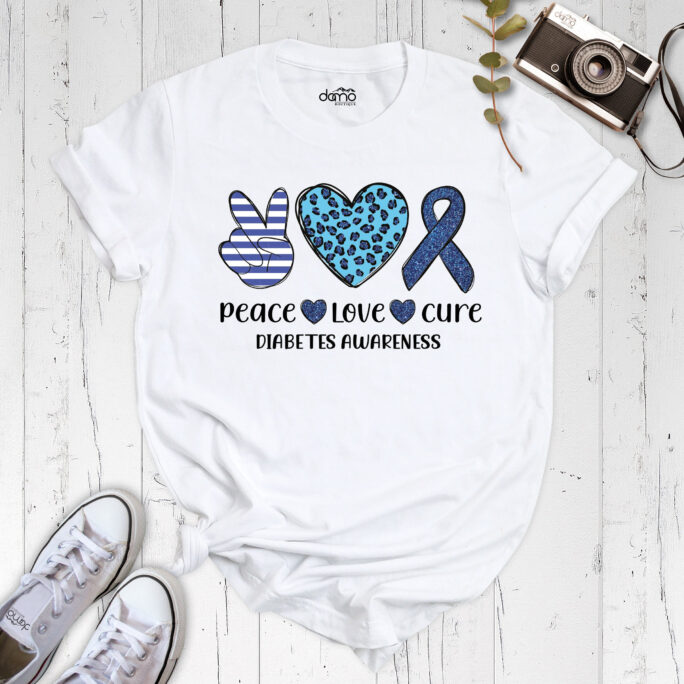 Peace Love Cure Shirts, Diabetes Awareness Month Shirt, Support Blue Ribbon Shirt