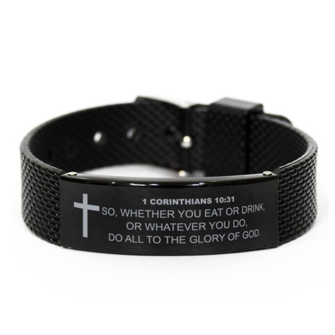 1 Corinthians 10 31 Bracelet, Bible Verse Christian Christian, Dad Gift, Black Stainless Steel Leather Bracelet