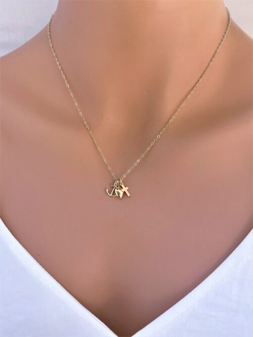 14K Solid Gold Cross Anchor & Heart Necklace - Real Heart, Anchor Cross Faith Hope Love Charm Necklace