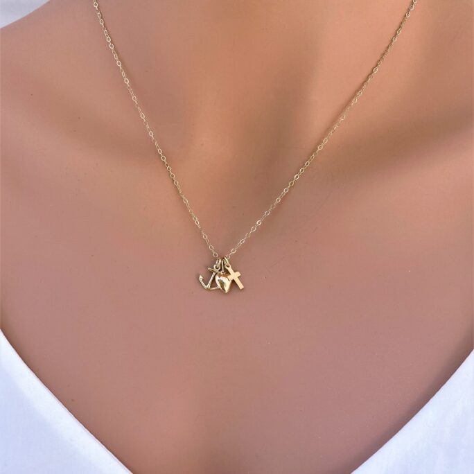 14K Solid Gold Cross Anchor & Heart Necklace - Real Heart, Anchor Cross Faith Hope Love Charm Necklace