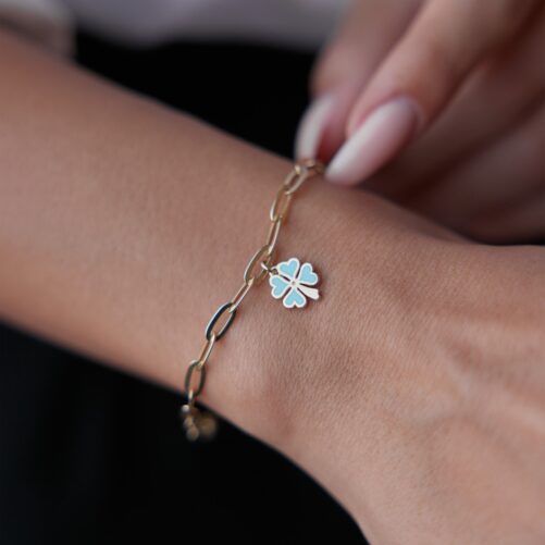 14K Solid Gold Turquoise Enamel Clover Bracelet, Dainty Four Leaf Real Minimalist Gift For Best Friend