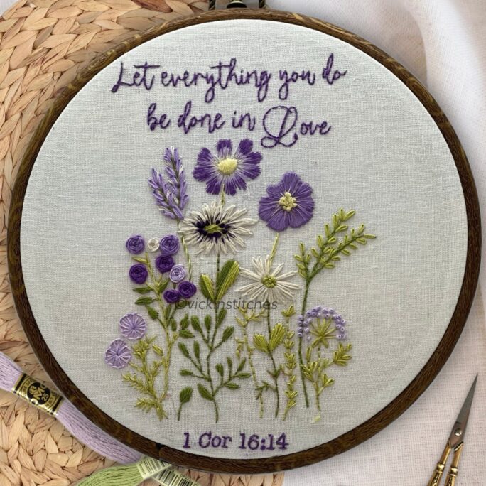 Beginner Christian Embroidery Kit . Wildflower Bouquet Wedding Gift. Anniversary Gift Scripture. Corinthian's Purple Wildflower. Love