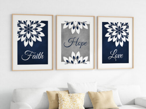 Blue Wall Art Prints Faith Hope Love, Set Of 3 Canvas Or Christian Decor & Religious Gifts - Home983