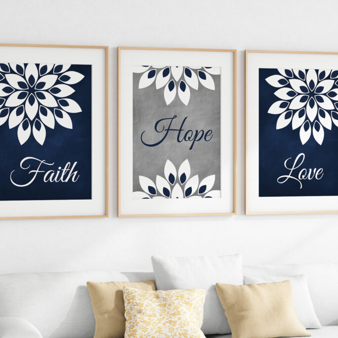 Blue Wall Art Prints Faith Hope Love, Set Of 3 Canvas Or Christian Decor & Religious Gifts - Home983