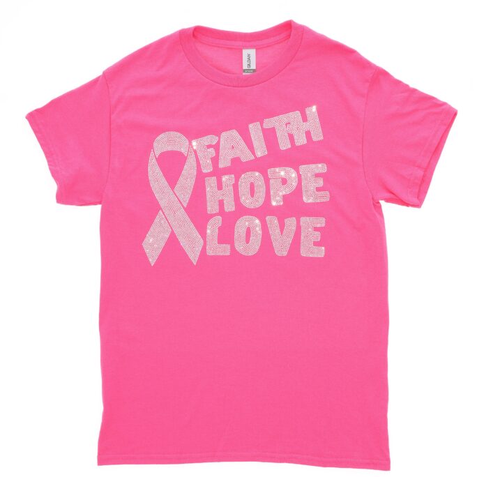 Cancer Awareness Faith Hope Love Rhinestone Bling Short Sleeve T-Shirt
