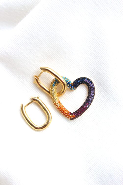 Colorful Mismatched Heart Hoop Earrings, Gold Plated Square Asymmetric Drop Multicolor Rainbow Love Earrings