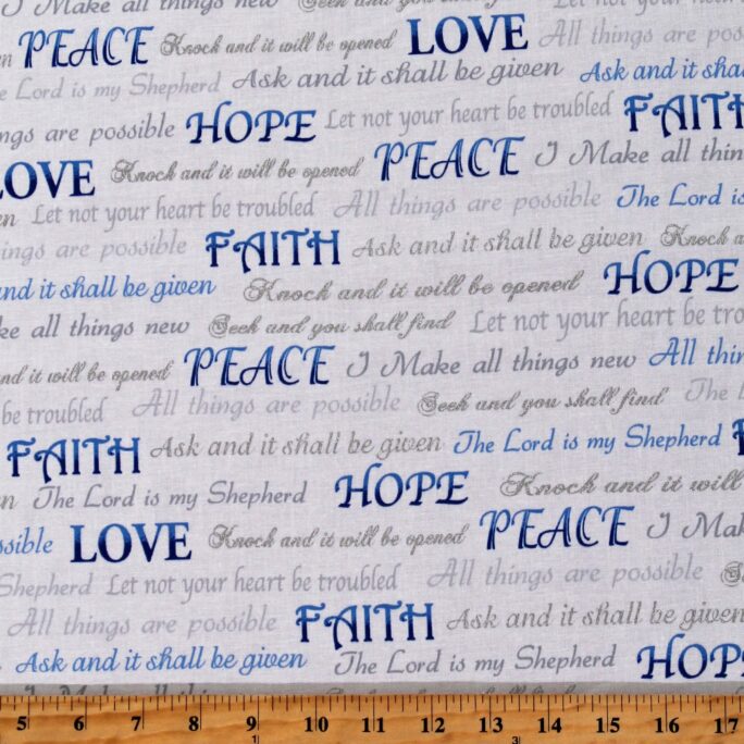 Cotton Faith Hope & Love Scripture Words Phrases White Fabric Print By The Yard | 33428M D752.26