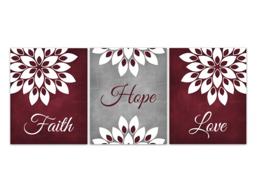 Faith Hope Love Canvas Prints, Burgundy Home Decor, 1 Corinthians 1313, Christian Religious Wall Art, Bedroom Decor - Home981