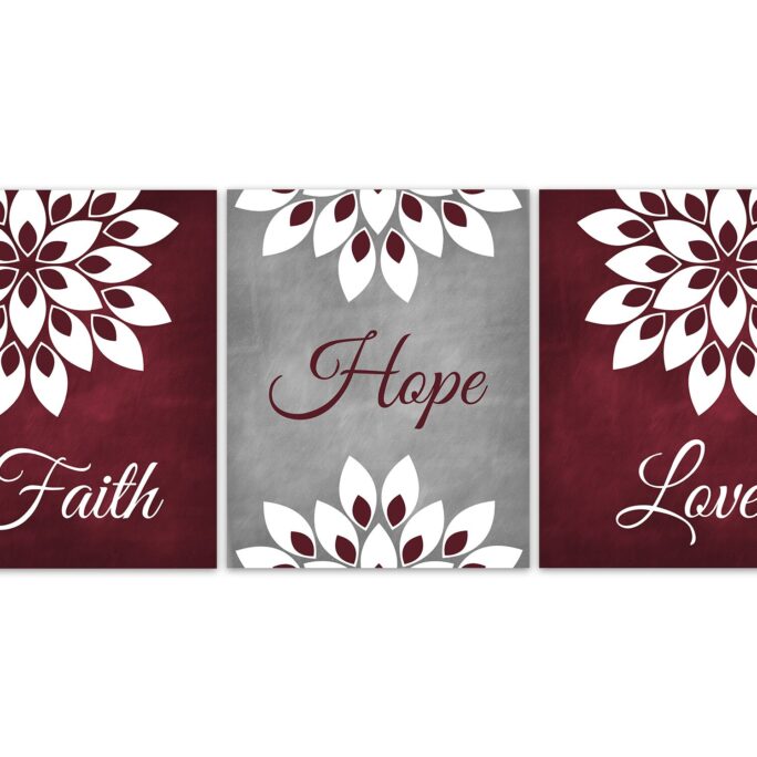 Faith Hope Love Canvas Prints, Burgundy Home Decor, 1 Corinthians 1313, Christian Religious Wall Art, Bedroom Decor - Home981