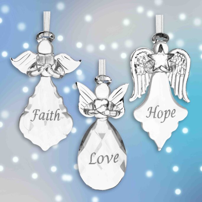 Faith Hope Love Crystal Angel Christmas Ornaments Set Of 3 Written in Silver On Each Ornament - #1948