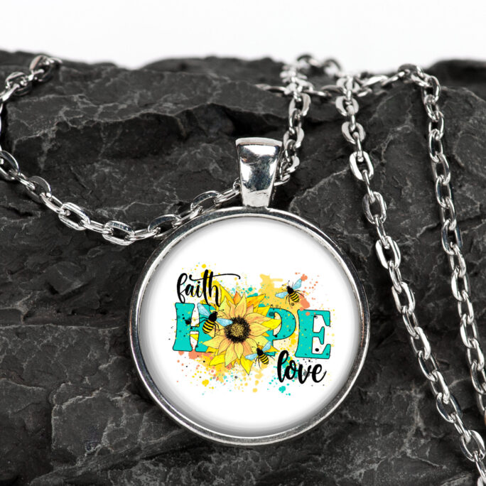 Faith Hope Love Floral Necklace Silver Glass Pendant Large Option Earrings Bracelet Purse Charm Key Chain Hair Clips