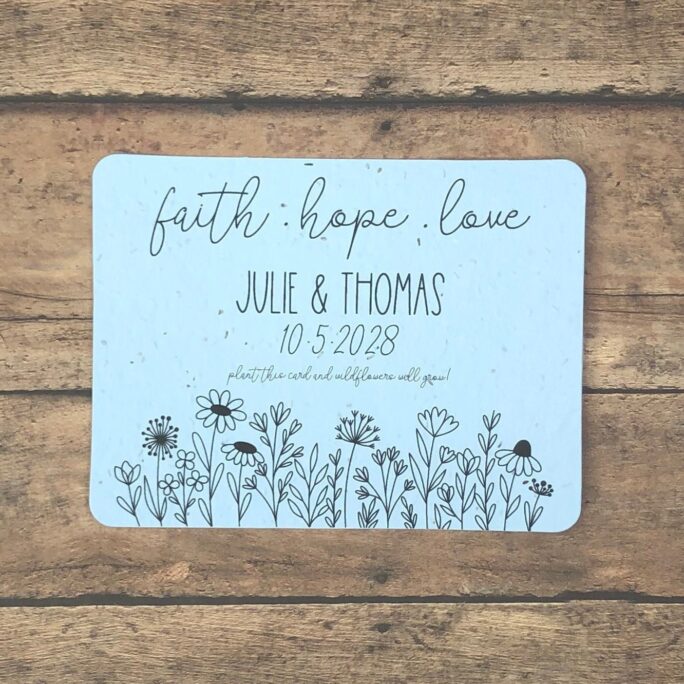Faith Hope Love Minimalist Wildflower Design Personalized Wedding Favors | Set Of 12 - Plantable Full Seed Paper Favor Cards Bridal Shower